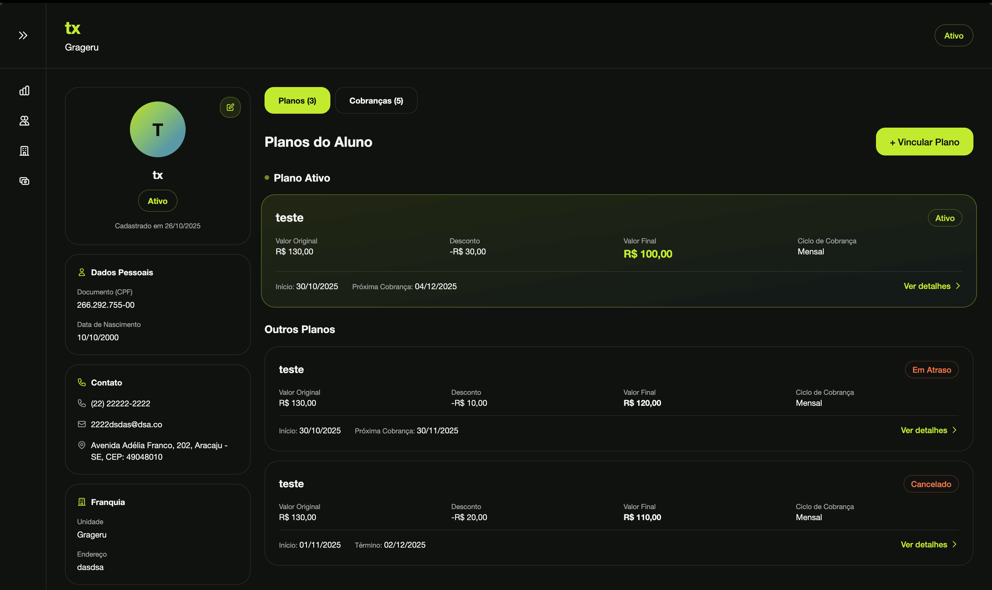 Tela de Planos do Aluno